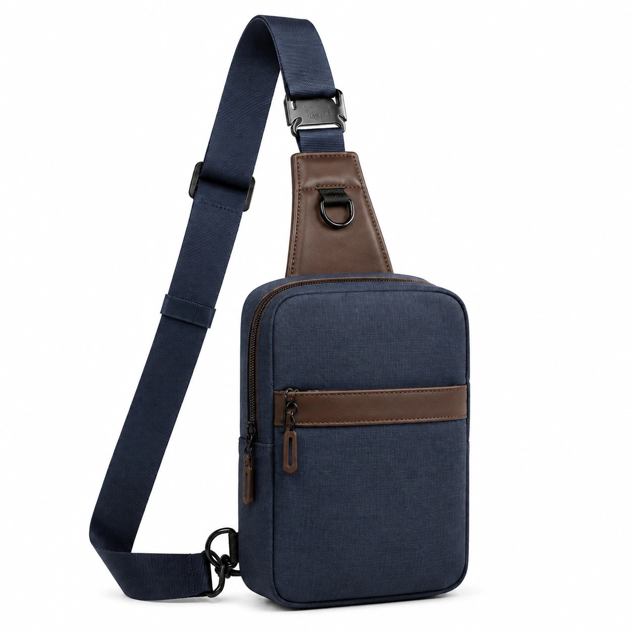 Borsa a tracolla 18 x 8 x 30 cm in tessuto sintetico blu navy e similpelle marrone con tasche zip