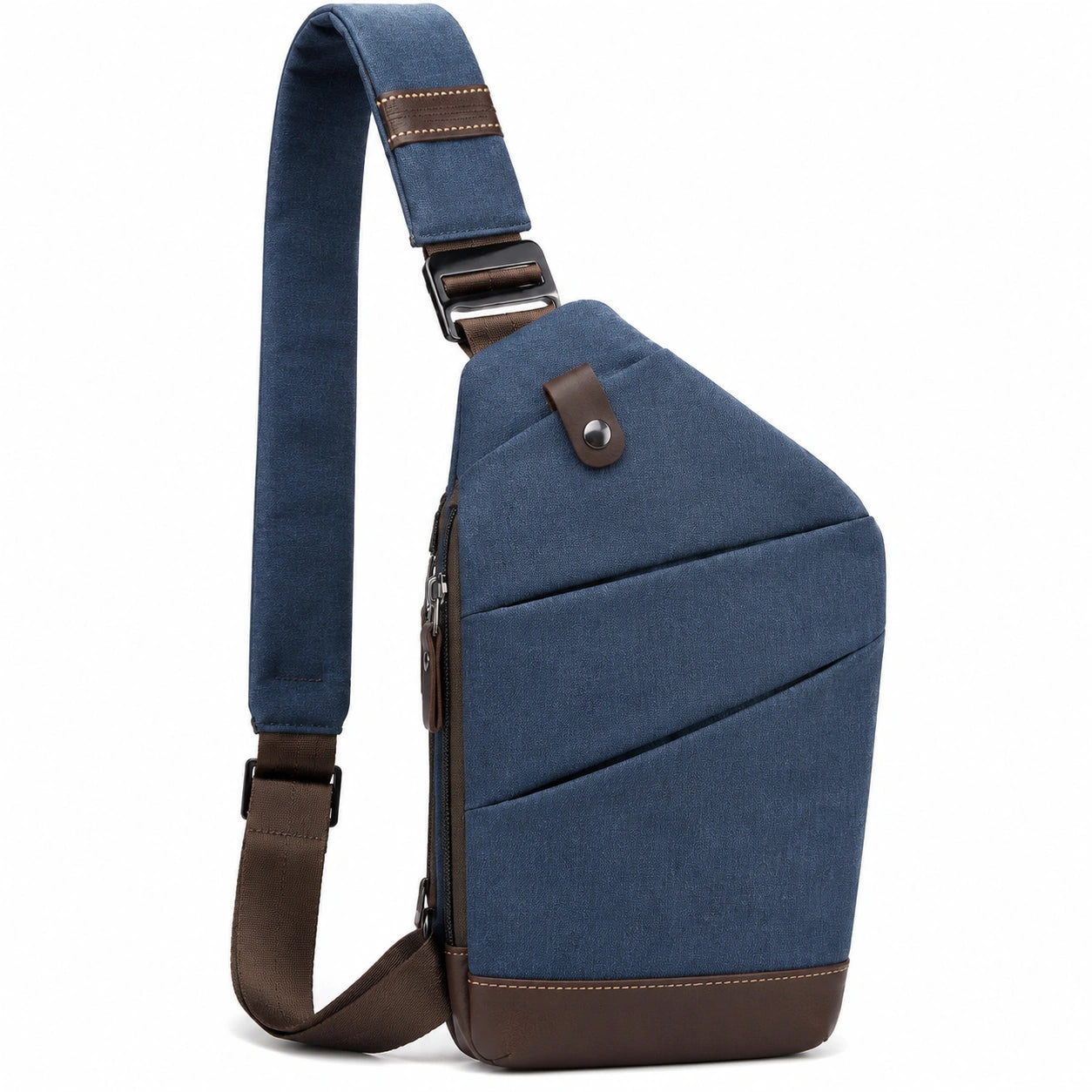 Borsa a tracolla 17 x 8 x 31 cm in tessuto blu e similpelle marrone con tasche e tracolla regolabile