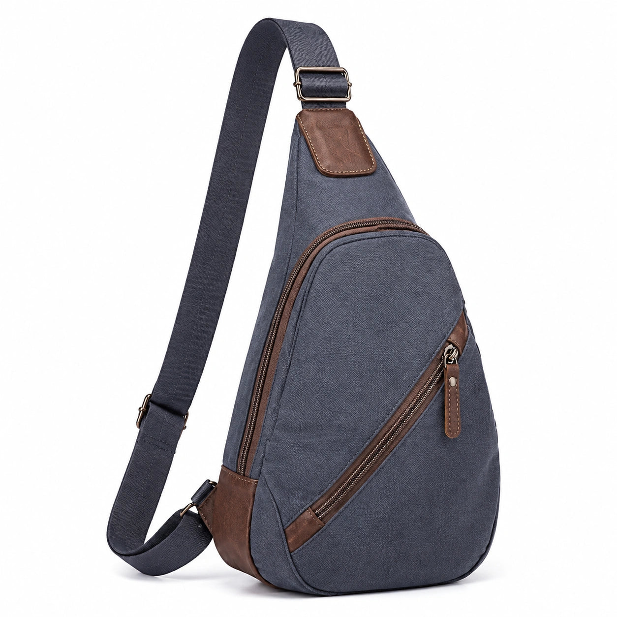 Borsa a tracolla 18 x 8 x 32 cm in tessuto blu scuro con dettagli marroni e tasche con zip