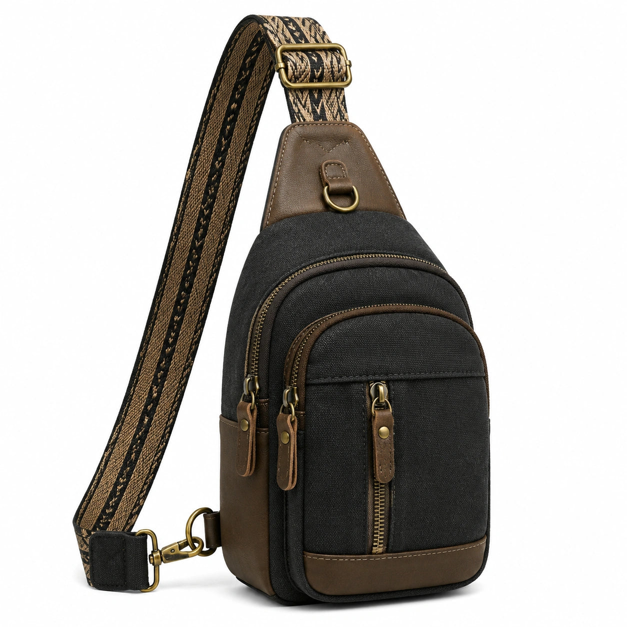 Borsa a tracolla 17 x 8 x 32 cm in tessuto nero e marrone con tracolla regolabile stile casual