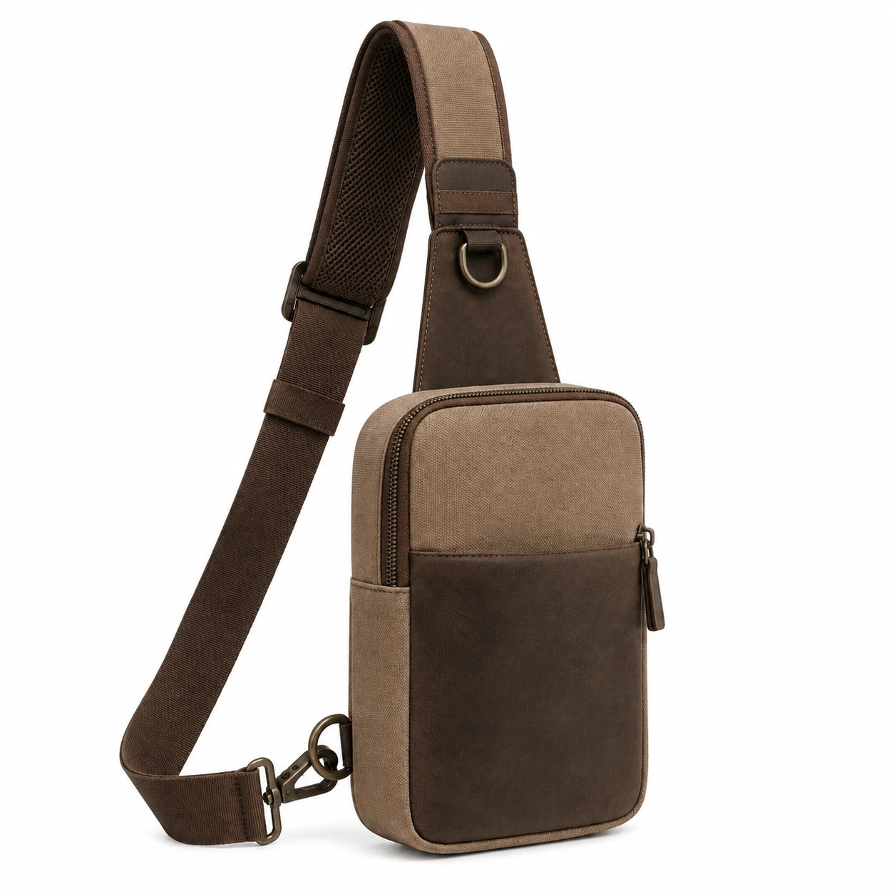 Borsa a tracolla 17 x 8 x 30 cm in tessuto sintetico marrone con tasca frontale e spallaccio regolabile