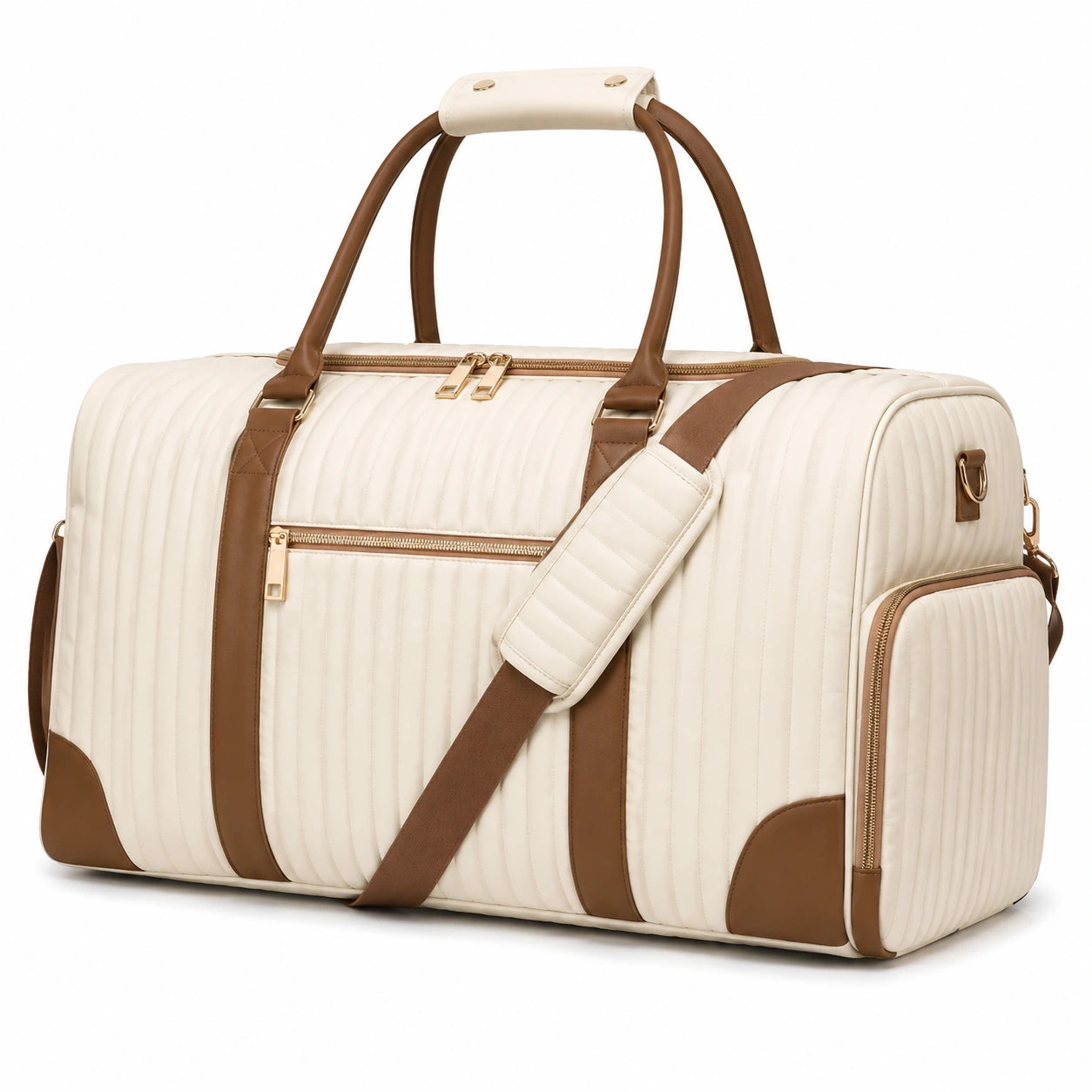 Borsone da viaggio 50 x 25 x 30 cm in similpelle bianco crema e marrone trapuntato con tracolla