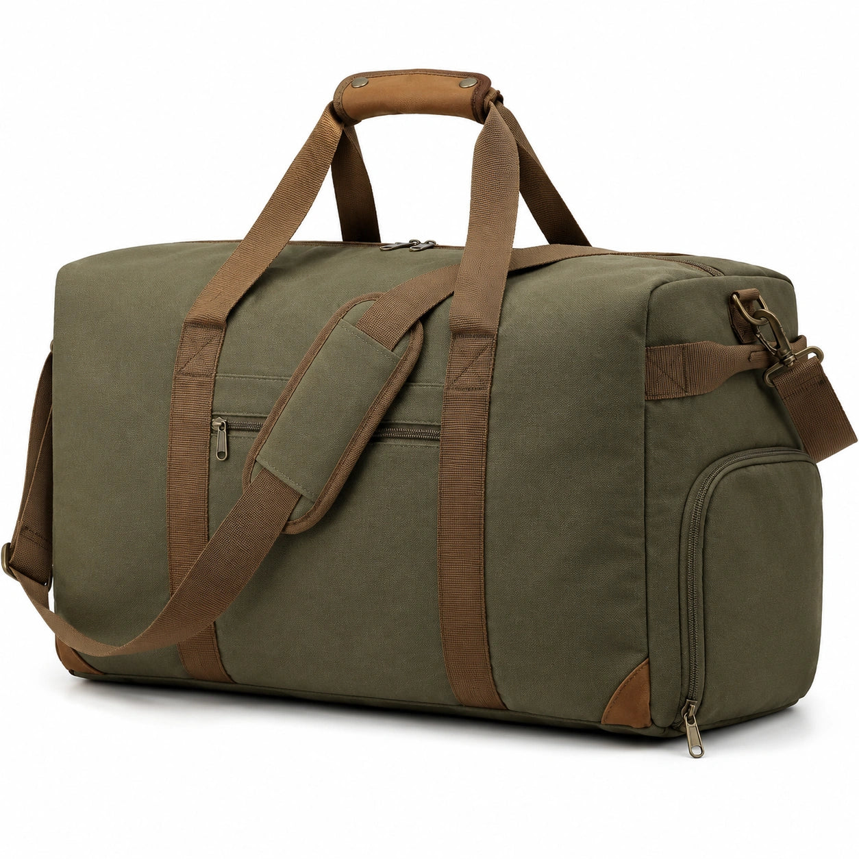 Borsone da viaggio 50 x 28 x 28 cm in tessuto verde oliva con tracolla e tasche esterne