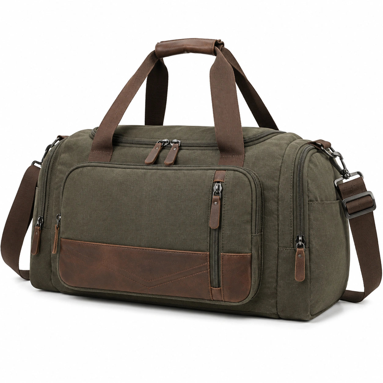 Borsone da viaggio 50 x 25 x 30 cm in tessuto verde oliva con inserti marroni e tracolla regolabile