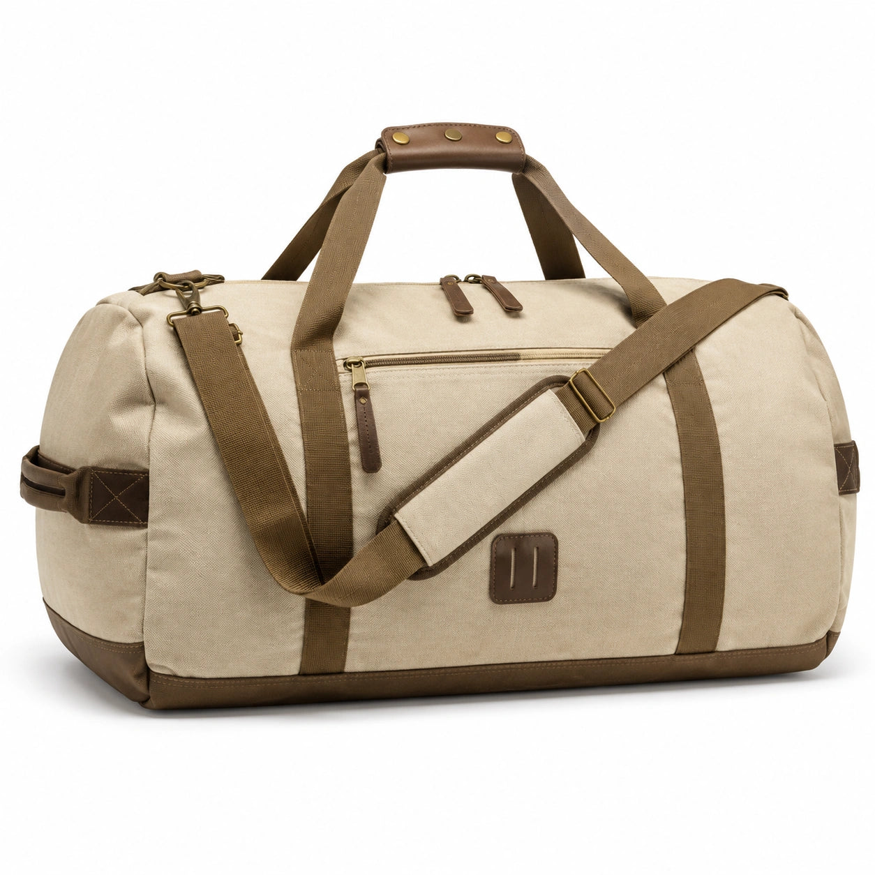 Borsone da viaggio 50 x 25 x 30 cm in tela beige e marrone con tracolla regolabile stile vintage