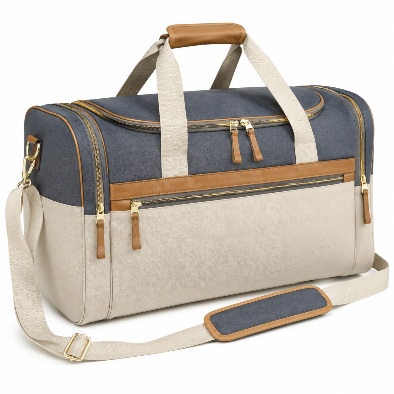 Borsa da viaggio 50 x 25 x 30 cm in tessuto blu e beige con tracolla regolabile