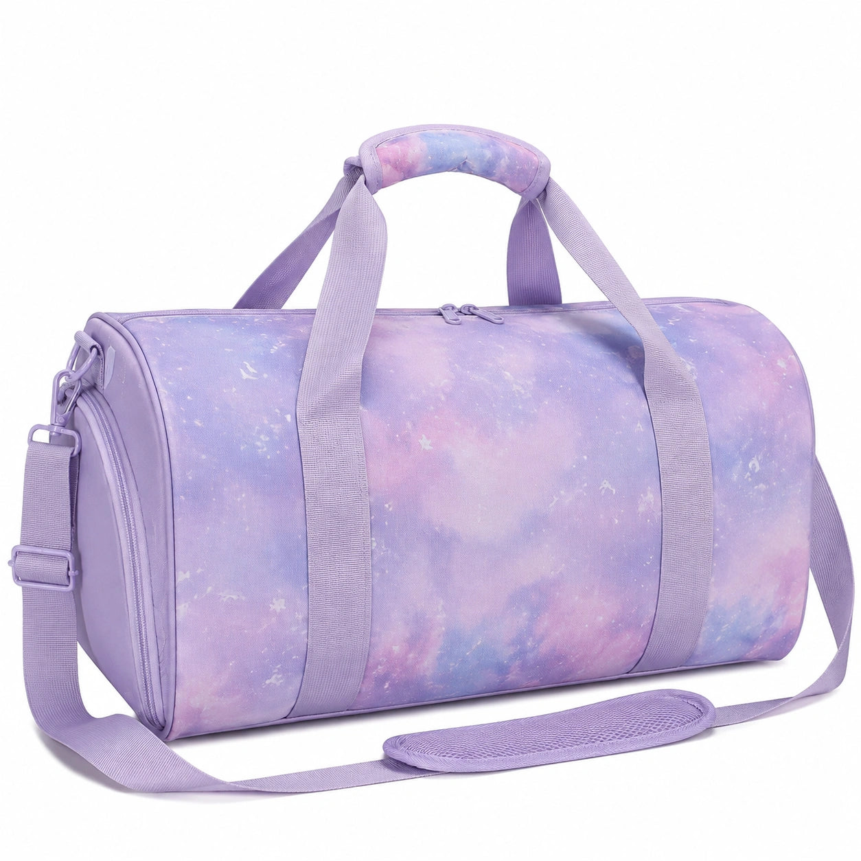 Borsone sportivo 45 x 25 x 25 cm in tessuto sintetico lavanda con stampa galassia e tracolla regolabile