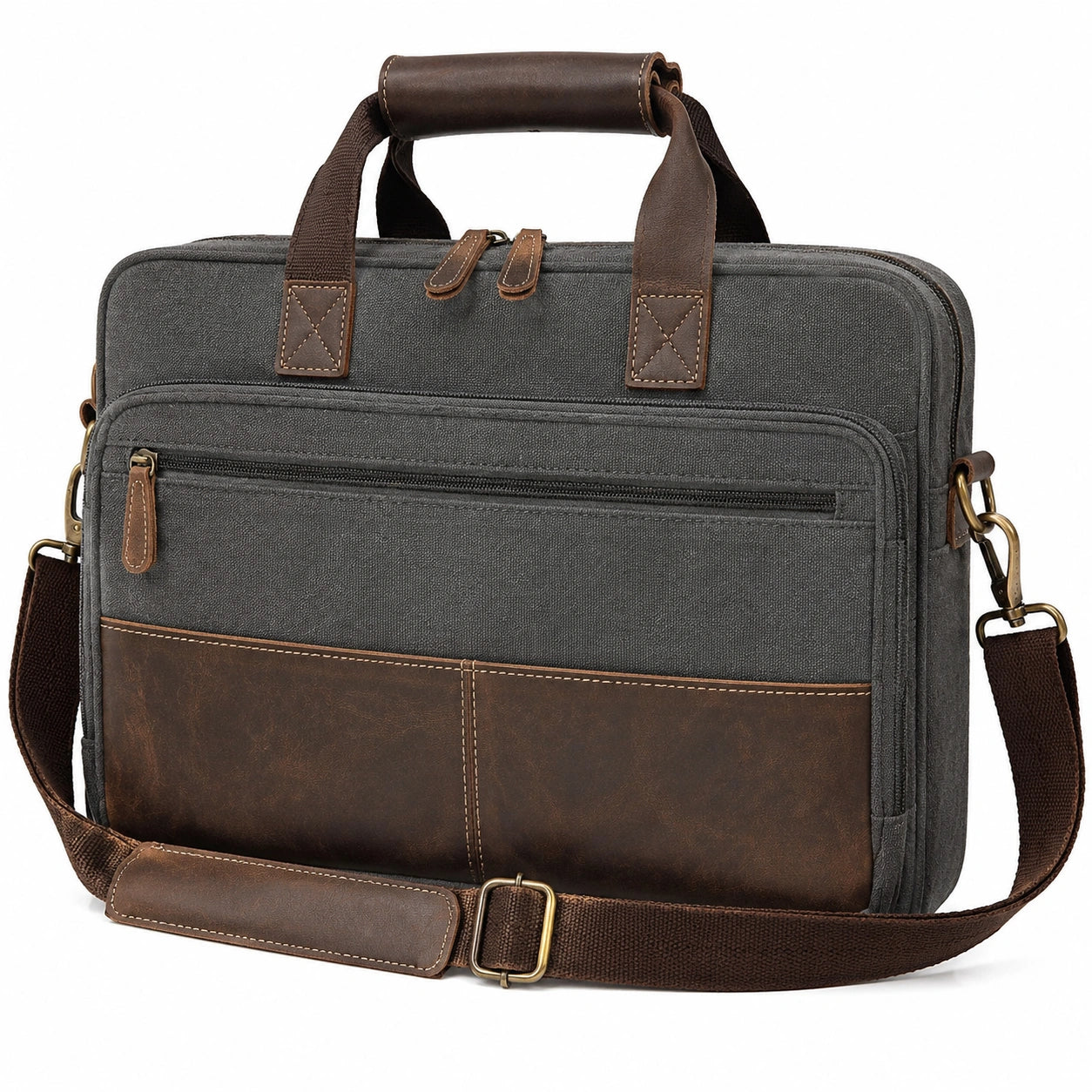 Borsa portadocumenti 40 x 8 x 30 cm in tessuto grigio e similpelle marrone con tracolla regolabile