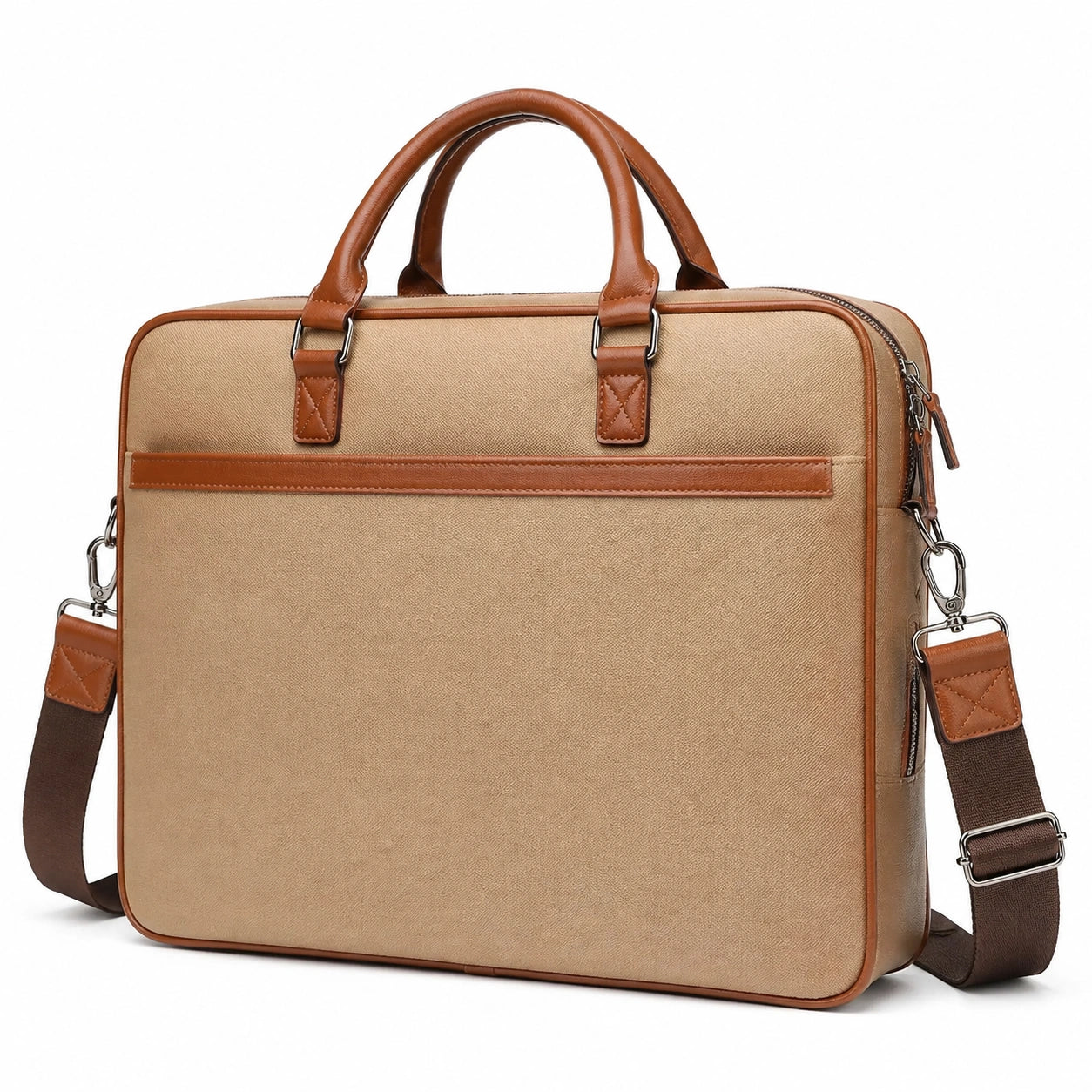 Borsa portadocumenti 40 x 8 x 30 cm in tessuto beige e similpelle marrone con tracolla regolabile