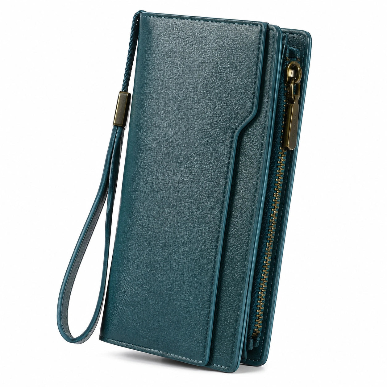 Portafoglio da polso 20 x 10 x 3 cm in similpelle blu petrolio con zip stile compatto