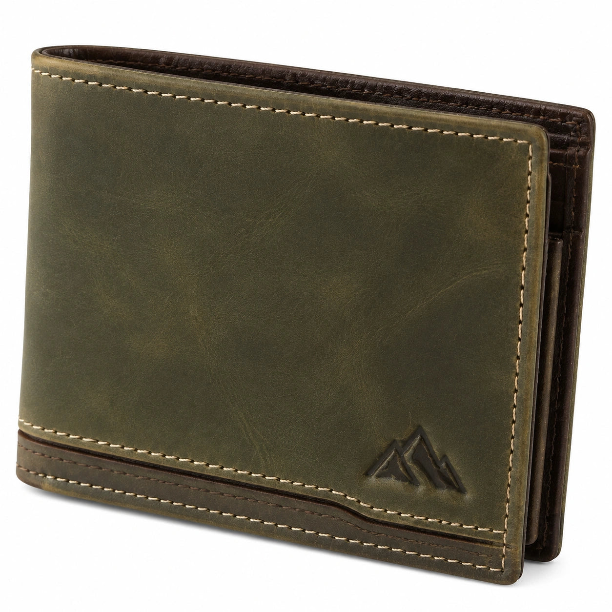 Portafoglio uomo 11.5 x 9.5 cm in pelle verde oliva e marrone - bifold con motivo montagna