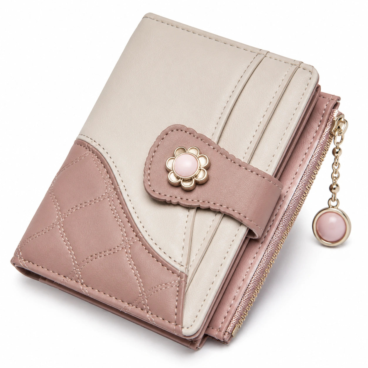Portafoglio donna 12 x 9 x 3 cm in pelle sintetica rosa/beige con chiusura a bottone e zip