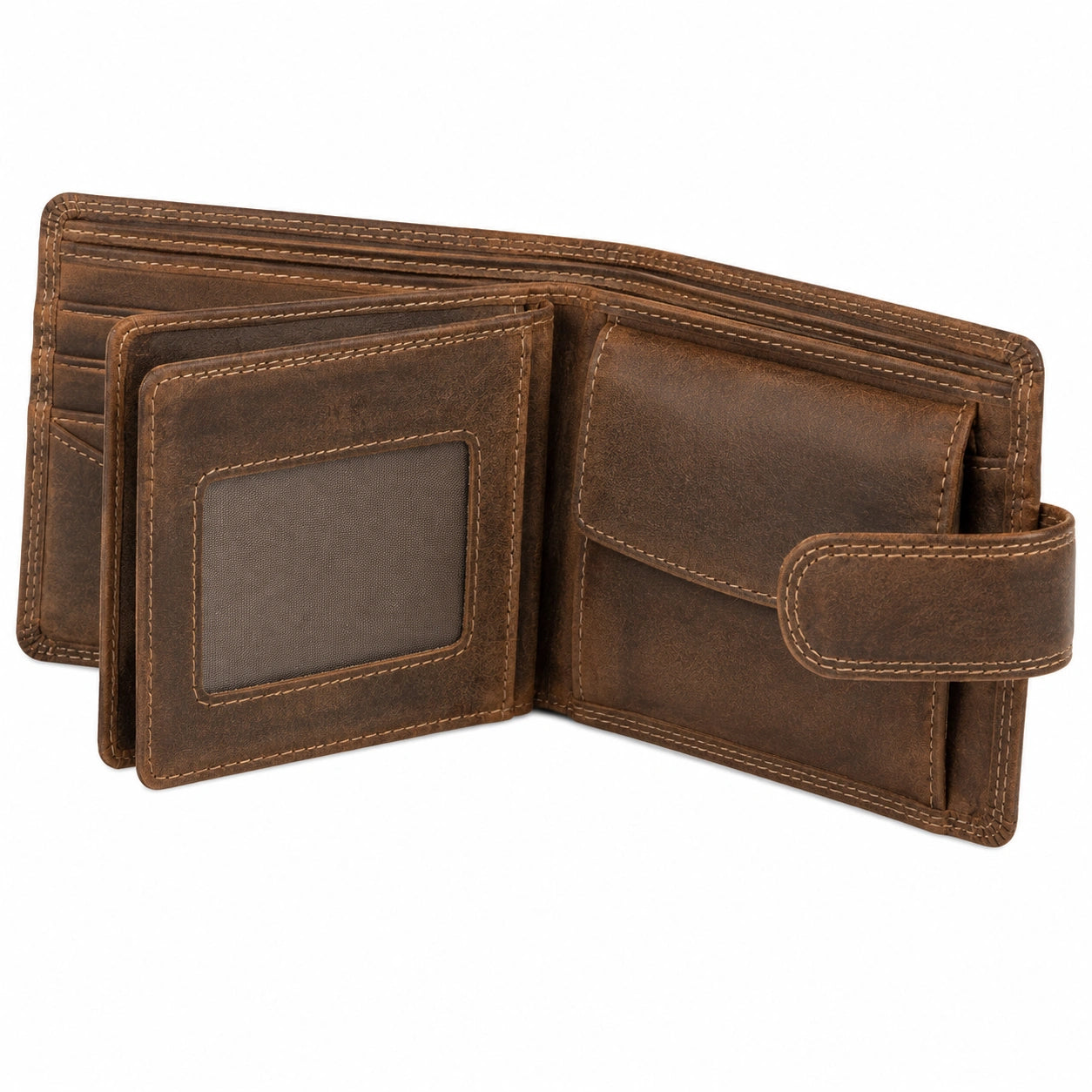 Portafoglio da uomo 12 x 9.5 x 2.5 cm in materiale effetto pelle marrone con patta - stile classico