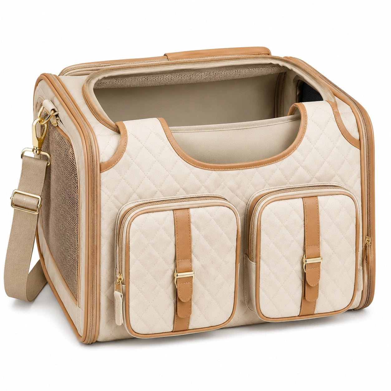 Trasportino per animali 45 x 28 x 30 cm in tessuto beige trapuntato con rete e tracolla