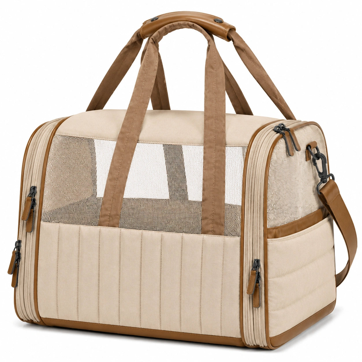 Borsa trasportino per animali 45 x 28 x 30 cm in tessuto beige e marrone con rete traspirante