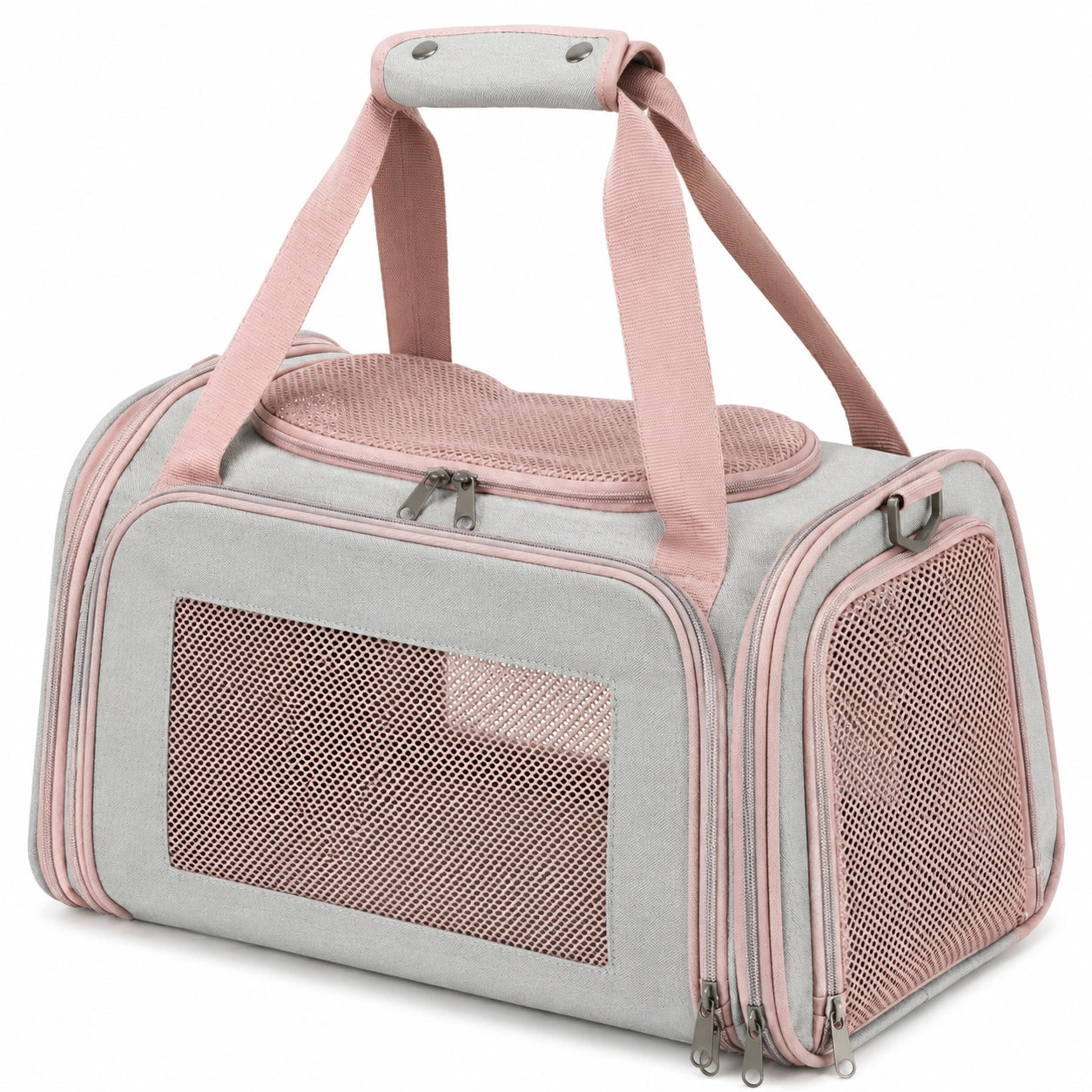 Trasportino per animali 45 x 28 x 28 cm in tessuto grigio e rosa con rete traspirante