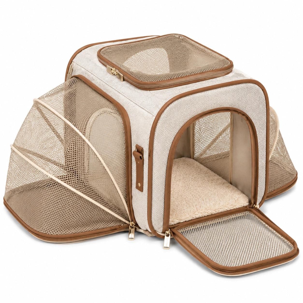 Trasportino per animali 45 x 30 x 30 cm in tessuto beige e rete con pannelli espandibili