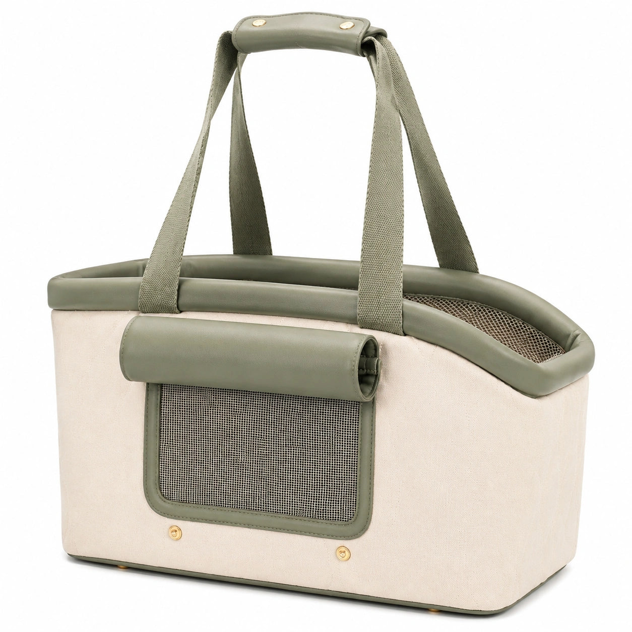 Borsa trasportino per animali 45 x 28 x 30 cm in tessuto beige e verde con rete traspirante