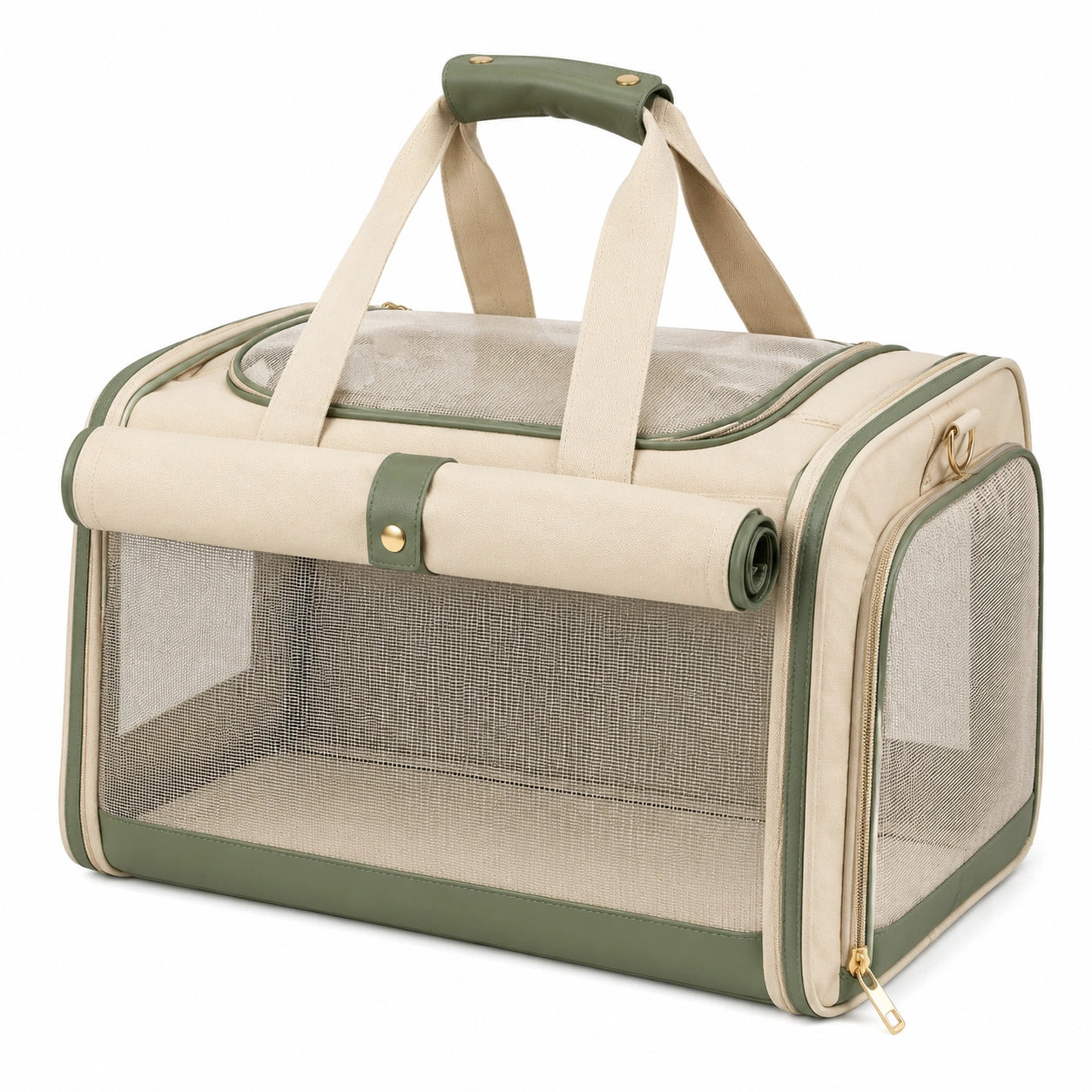 Trasportino per animali 45 x 28 x 30 cm in tessuto beige e verde con rete traspirante pieghevole