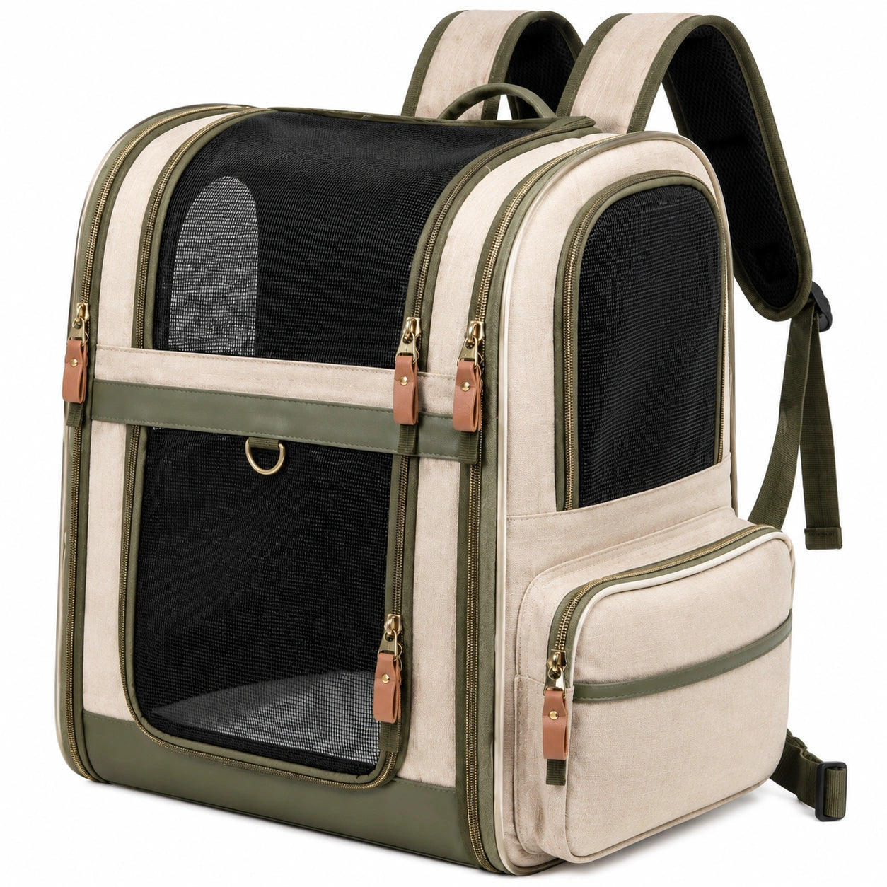 Zaino trasportino per animali 42 x 30 x 45 cm in tessuto beige e verde con rete traspirante