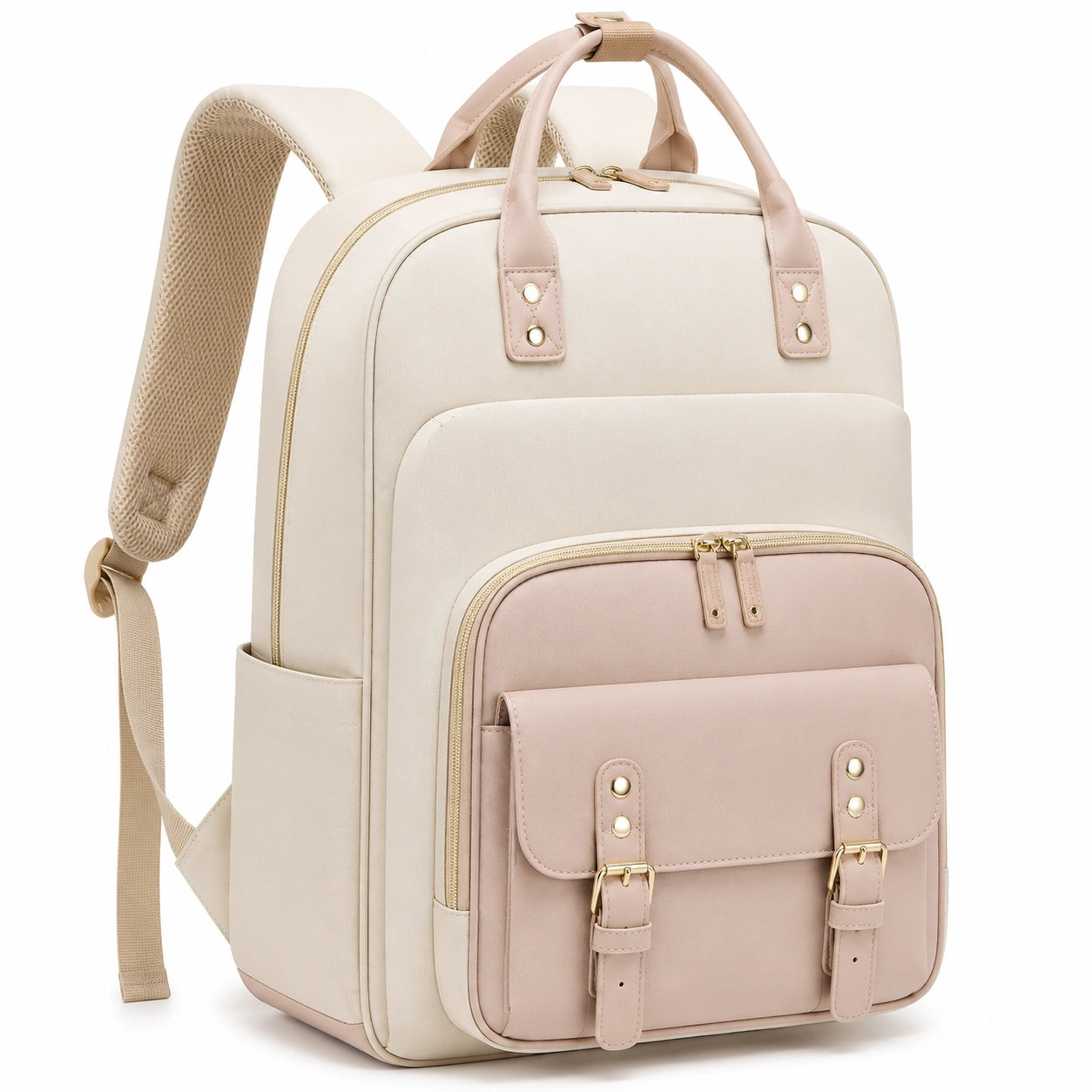 Zaino 30 x 15 x 40 cm in tessuto beige e rosa con tasche multiple per uso quotidiano