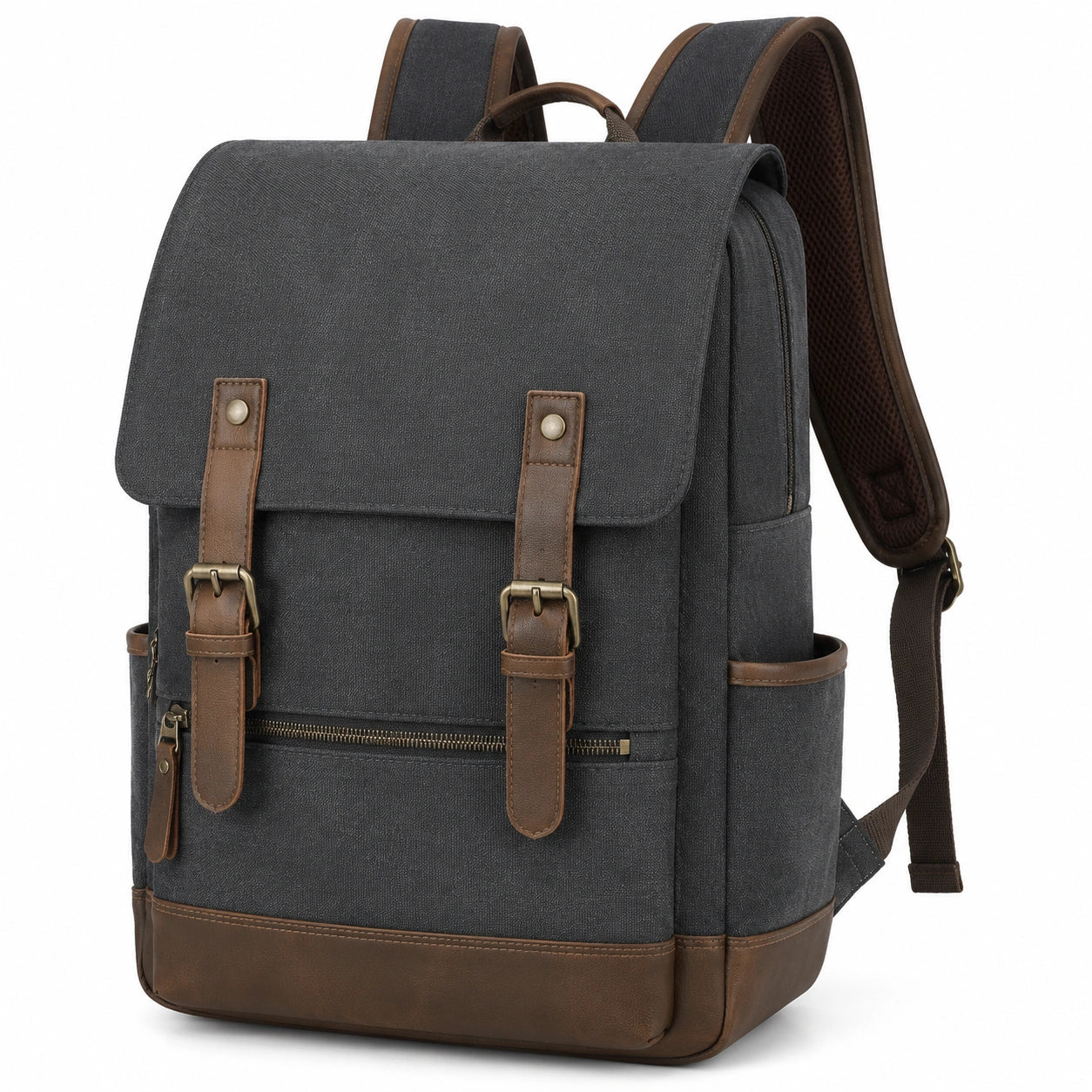 Zaino 30 x 15 x 42 cm in tessuto grigio e finiture marroni per lavoro e tempo libero